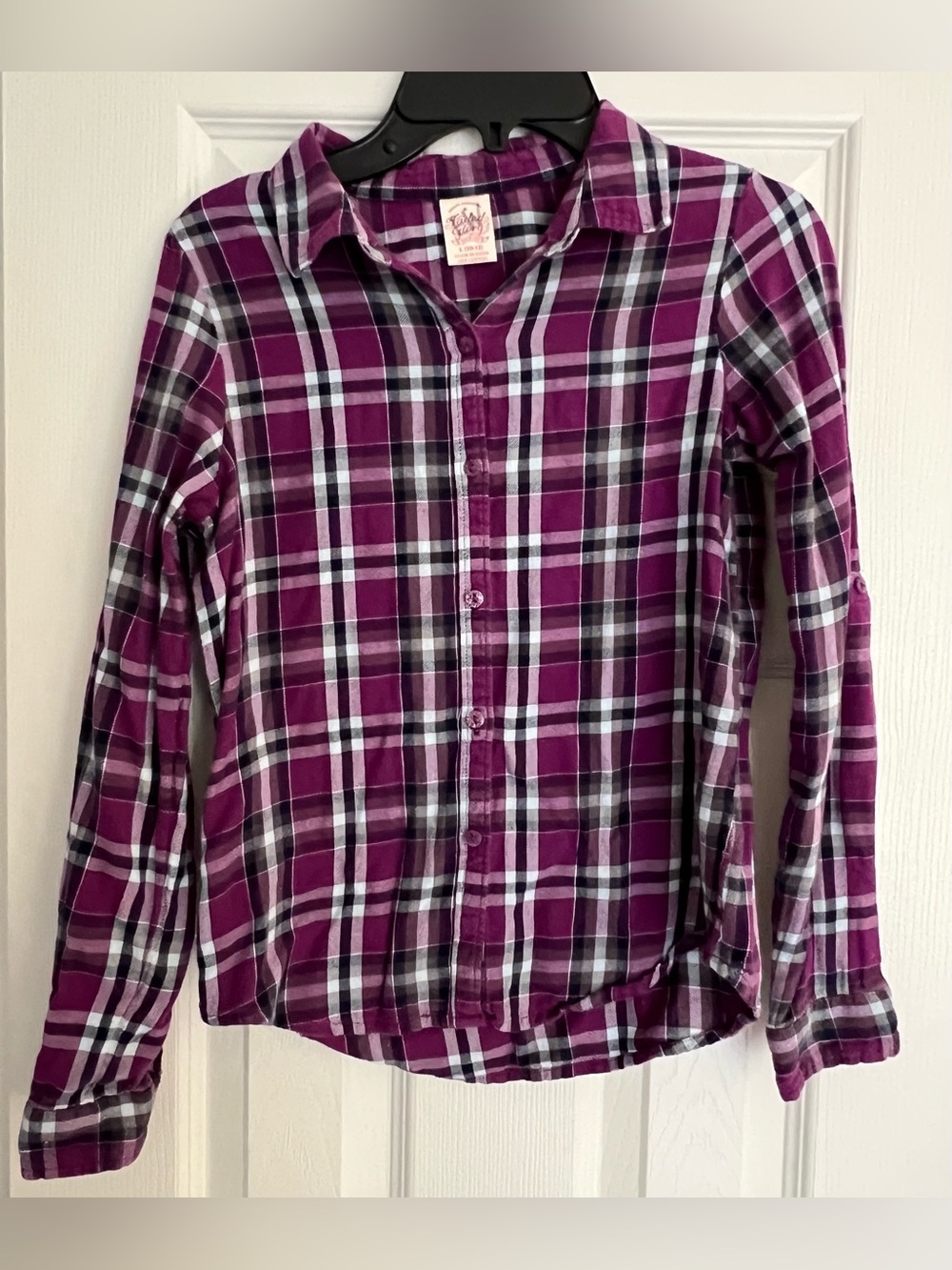 Flannel Inspired Cotton Shirt Faded Glory Girl L 10-12 Purple Plum Black Plaid